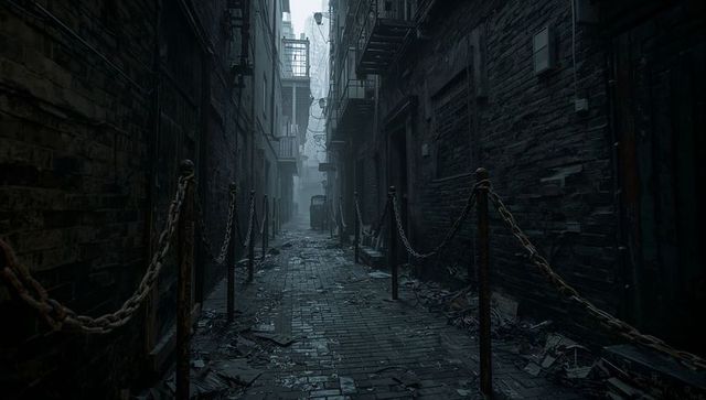 Misty narrow urban alleyway with rusted chains, wet cobblestones, gritty atmosphere