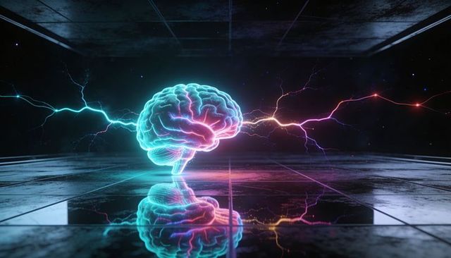 Neon Holographic Brain Floating over Reflective Lab Floor Emitting Electric Neural Arcs