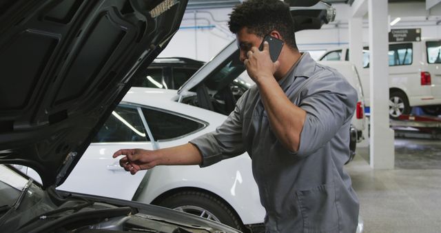 Mechanic on Phone Inspecting Car Engine in Repair Shop - Download Free Stock Images Pikwizard.com