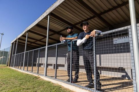 Two coaches standing in dugout watching game holding water bottle sunlit ballpark