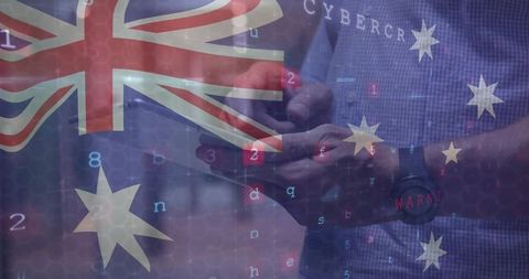Mid-adult man tapping smartphone under australian flag overlay representing cybersecurity