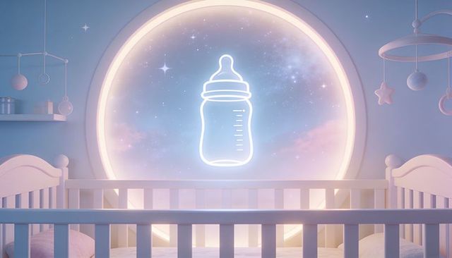 Glowing neon baby bottle floating in pastel nursery round backlit panel crib nightlight