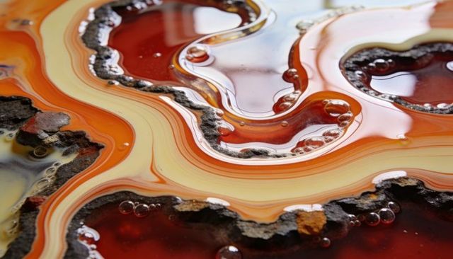 Macro abstract resin rings forming glossy multicolor concentric bands with bubbles and rocky rim