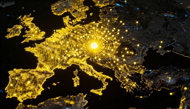 Glowing europe network map highlighting central hub and radial data connections