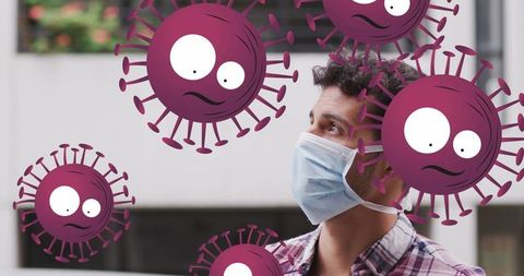 Man wearing mask amidst stylized covid-19 virus illustrations