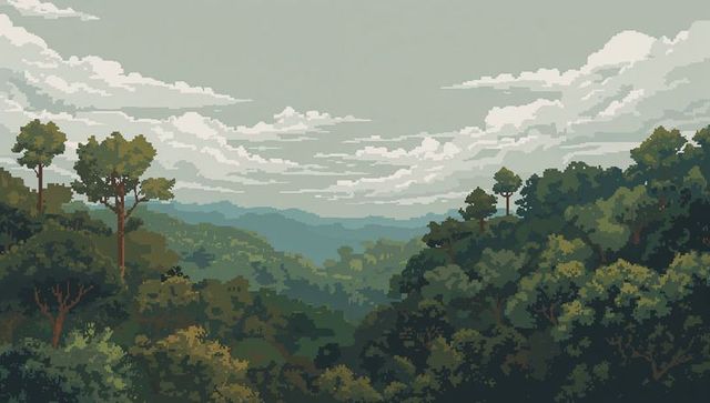 Misty pixel-art forest canopy spilling into layered valley with distant ridge horizon