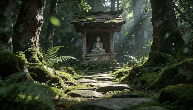 Moss-covered forest shrine with tranquil stone buddha, sunbeams on fern-lined path