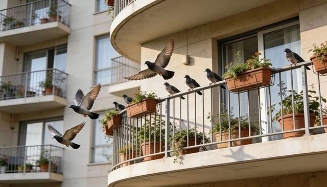 Pigeons perching and flying on curved apartment balcony with terracotta pots and foliage