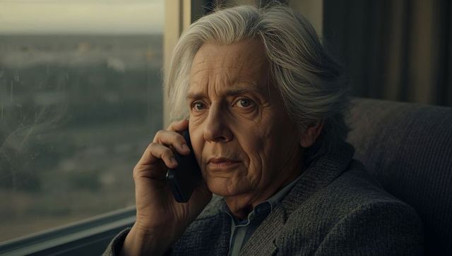 Senior man making serious phone call by window with grey hair and contemplative expression