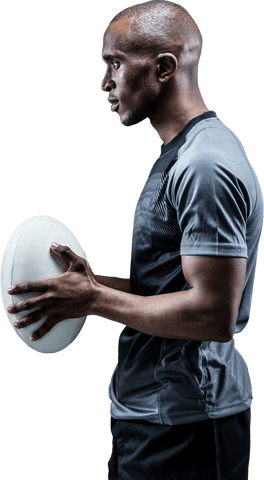 Transparent sportsman holding rugby ball confidently