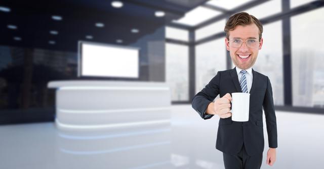 A nerdy businessman is smiling and holding a coffee cup in a sophisticated, modern office with large windows. This unique and humorous depiction can be used for illustrating corporate culture, productivity, coffee break time, or quirky business concepts. Ideal for websites, blogs, or presentations related to business humor, office life, or corporate environments.
