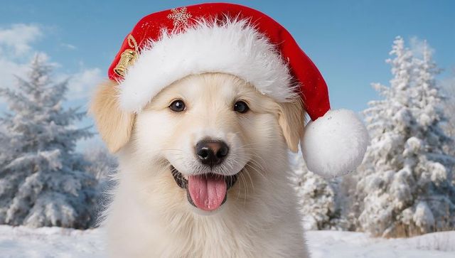 Smiling cream puppy wearing santa hat, panting in snowy forest with gold ornament
