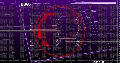 Pulsing red target network overlay on purple data grid with neon analytics dashboard