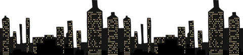 Silhouette city skyline with lit windows on transparent background