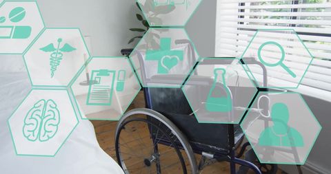 Medical Symbols Overlaying Hospital Room with Wheelchair