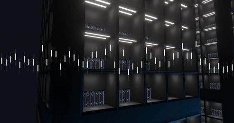 Futuristic modular server rack array glowing in dark data center with waveform lights