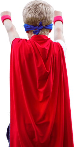 Child Wearing Red Cape and Mask in Heroic Pose on Transparent Background
