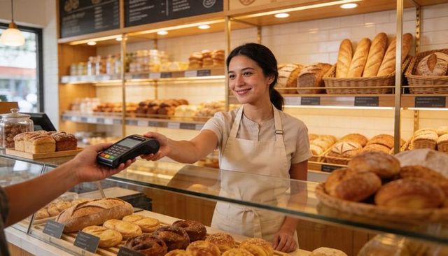 Smiling bakery cashier taking card payment at glass pastry counter with artisanal bread