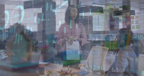 Businesswoman presenting financial report to team with stock market data overlay