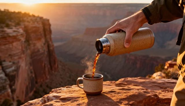 Pouring coffee on canyon rim cliffside at golden hour with steaming mug and travel thermos