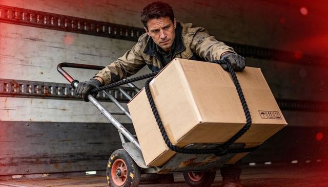 Straining mover pulling heavy cart with box secured by rope inside delivery truck