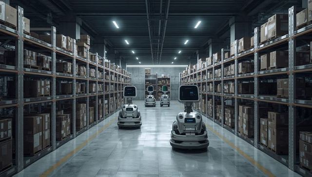 Guiding autonomous warehouse robots navigating stocked aisles with display screens
