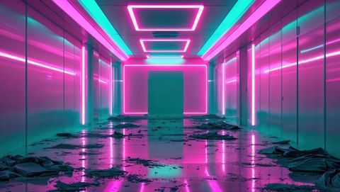 Futuristic Neon Corridor with Debris and Bright Lights