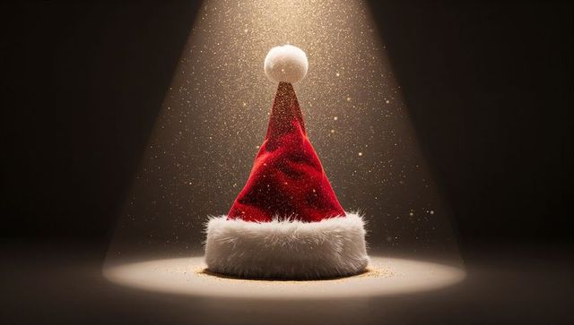 Spotlighting Red Velvet Santa Hat with Falling Gold Glitter on Dark Background