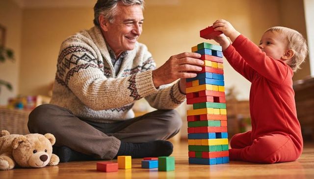 Grandfather and toddler building colorful wooden block tower, intergenerational bonding