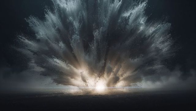 Surreal explosion in dim landscape with luminous glow