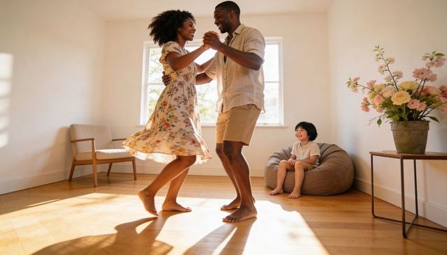 Sunlit living room dance joyful barefoot couple dancing while child watching on beanbag