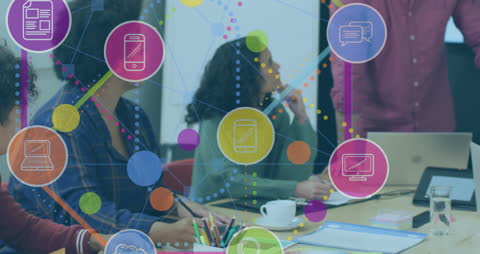 Digital Icons Over Business Meeting Fostering Connectivity