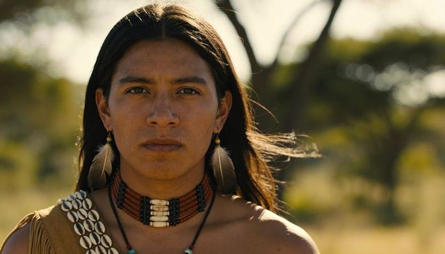 Native american man portrait standing in field wearing beaded choker and feather earrings