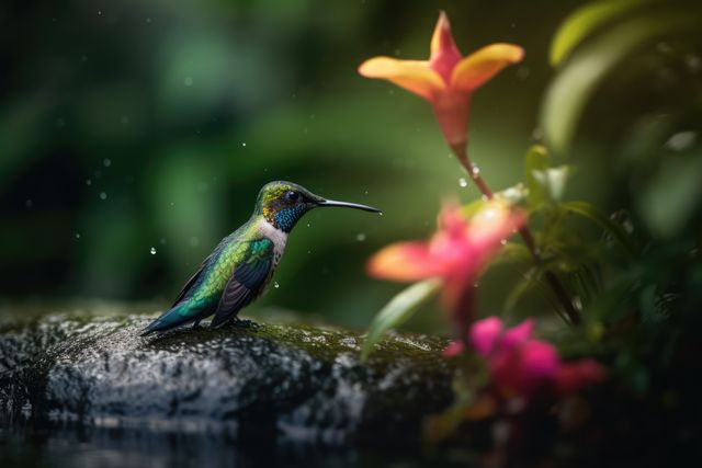Hummingbird hovering by pink flower with water drops, created using generative ai technology. Beauty in nature, wildlife, agility and feeding concept digitally generated image.