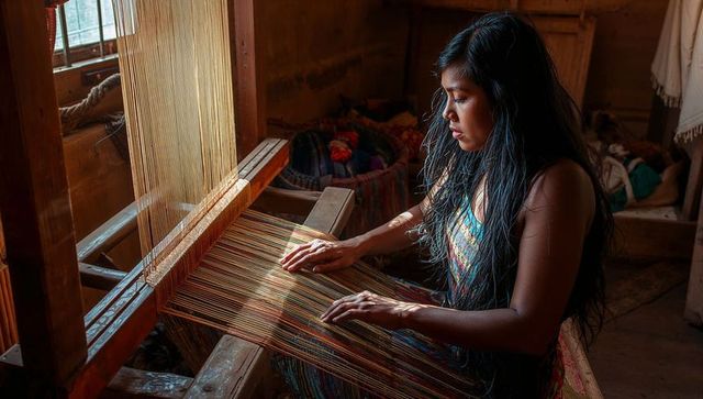 Weaving woman at wooden loom in rustic studio, sunlight showing vivid yarn, handmade textile