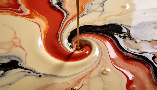 Pouring tan stream creating central vortex in glossy cream, red and black marbling