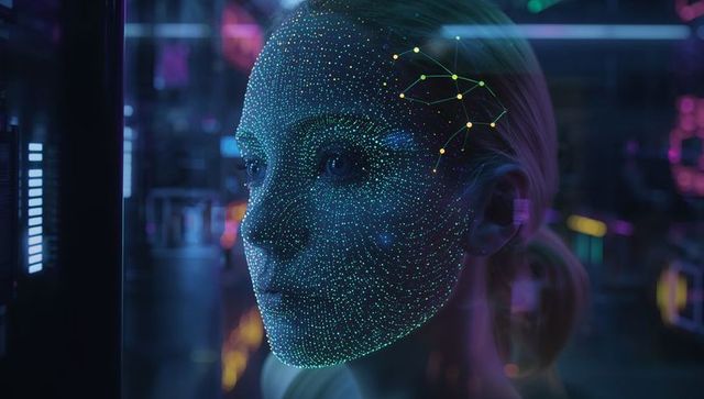High-tech facial scan with digital point-cloud grid in tech lab