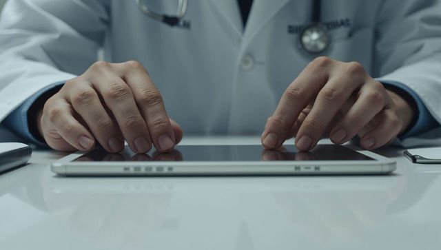 Physician tapping tablet for digital patient records with stethoscope on desk