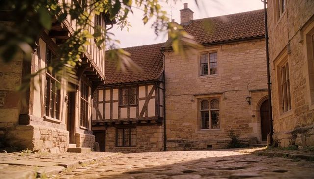 Sunlit Cobblestone Lane with Timber-Framed Cottages and Leaded Windows, Golden Hour