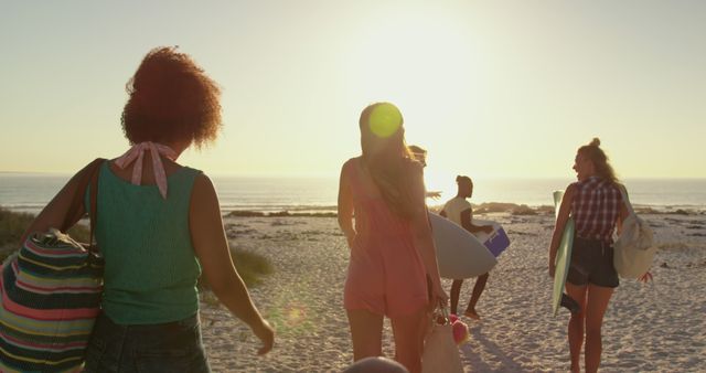 Friends Walking On Sunny Beach With Surfboards - Download Free Stock Images Pikwizard.com