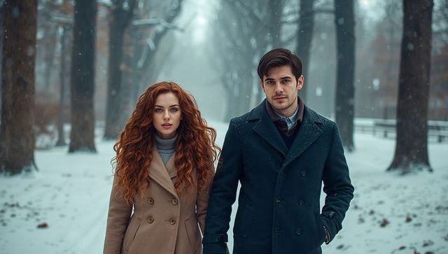 Couple Strolling in Snowy Park, Winter Romance
