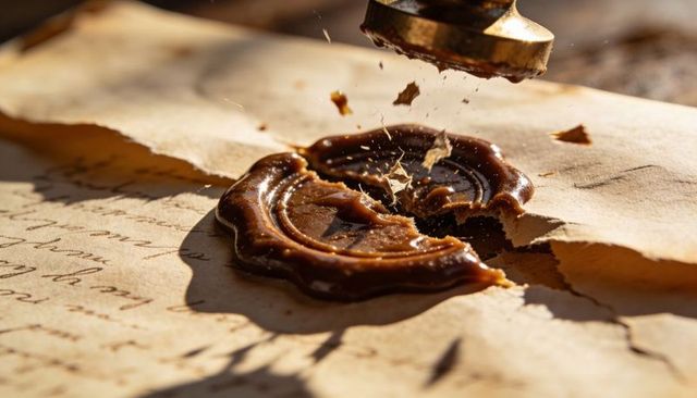 Antique metal seal striking cracked brown wax seal on aged parchment in warm sunlight