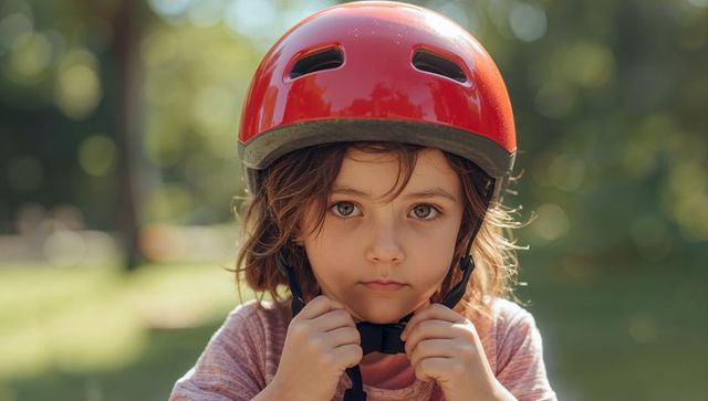 Child wearing red helmet adjusting chin strap in sunlit park close-up portrait