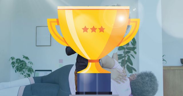 Senior woman receiving physical therapy in a bright room. The image features an overlay of a trophy, symbolizing achievement and success. This visual can be used for promotional content related to elderly healthcare services, physiotherapy clinics, or wellness programs that highlight patient achievements and progress in rehabilitation.