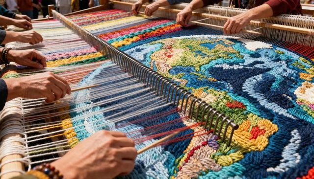 Artisans weaving giant colorful tapestry on loom, packing yarn with sticks at craft fair