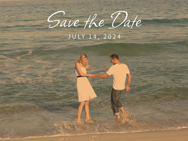 Composition of save the date text over caucasian couple on beach - Download Free Stock Videos Pikwizard.com