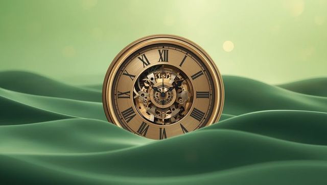 Antique steampunk clock surrounded by serene green waves