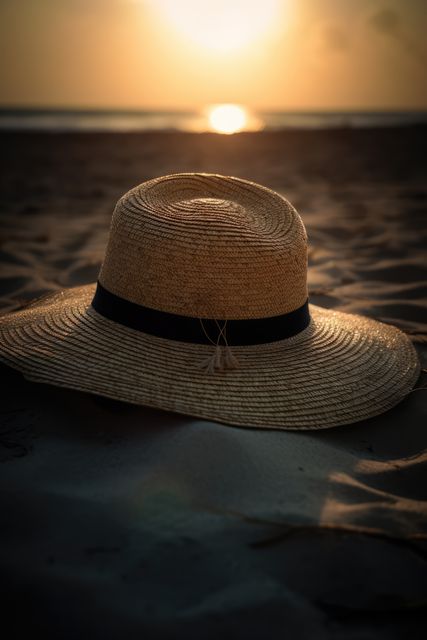 Straw hat lying on beach sand during sunset with ocean in background creates perfect summertime scene. Ideal image for travel brochures, summer fashion catalogues, vacation blogs or relaxing beach-themed advertisements.