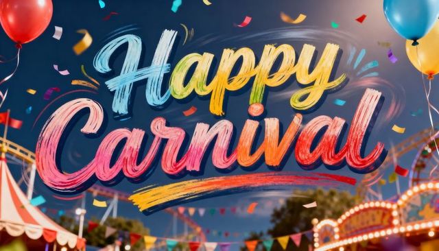 Painted happy carnival lettering over twilight fairground with balloons, confetti, colorful lights