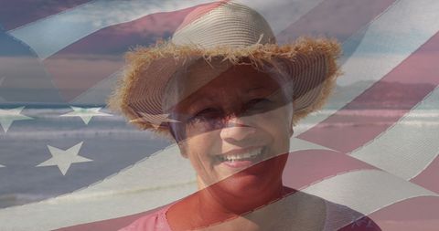Senior Woman Smiling with USA Flag Overlay on Beach